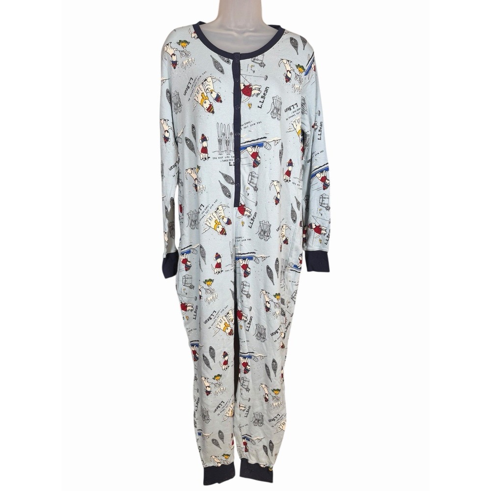L.L. Bean Women's Waffle Pajamas One Piece Blue Dog Sled Print Long Sleeve LG